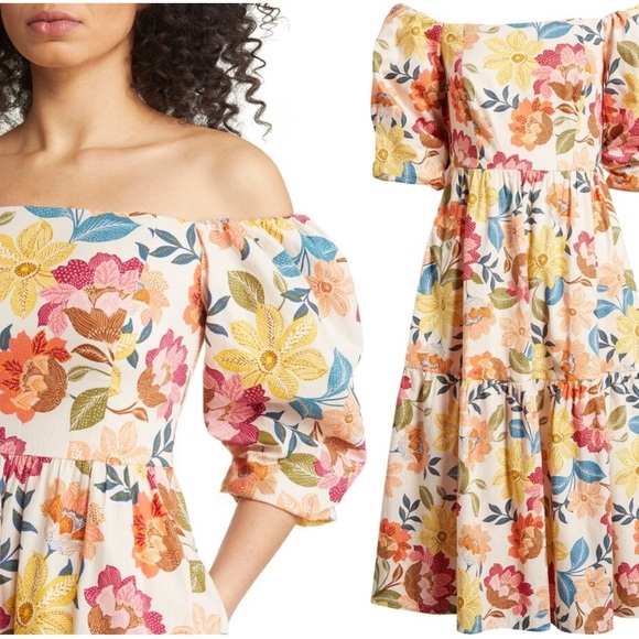 Vince Camuto Floral Off the Shoulder Stretch Cotton Dress NEW - Picture 2 of 10